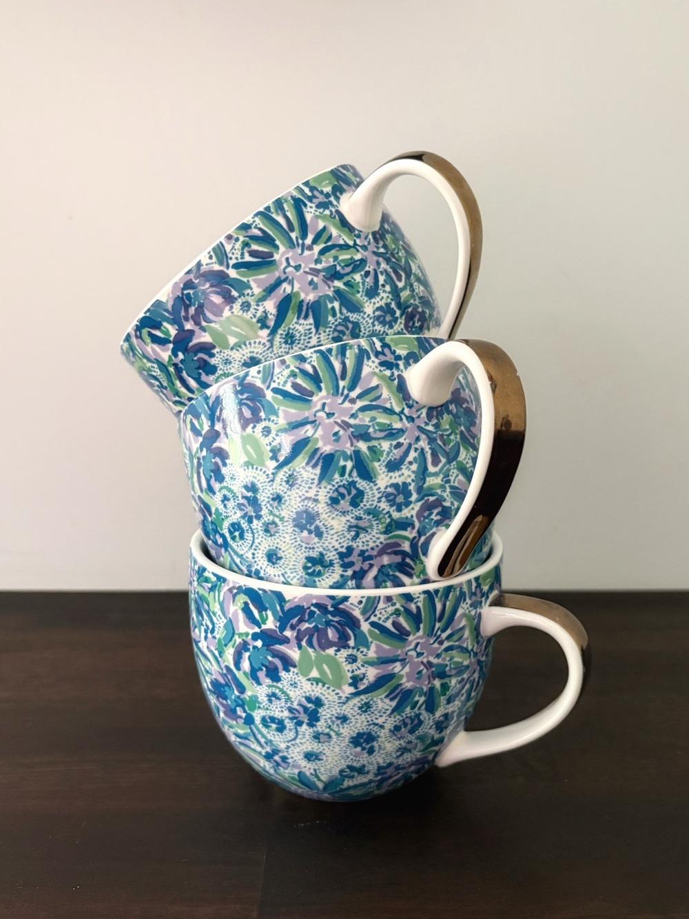 Lily Pulitzer Floral Blue Ceramic Mugs - Set of 3